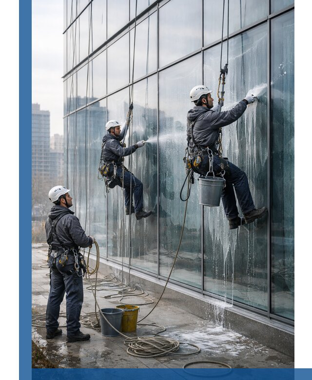 Промышленная мойка панорамных окон на высоте в Орске