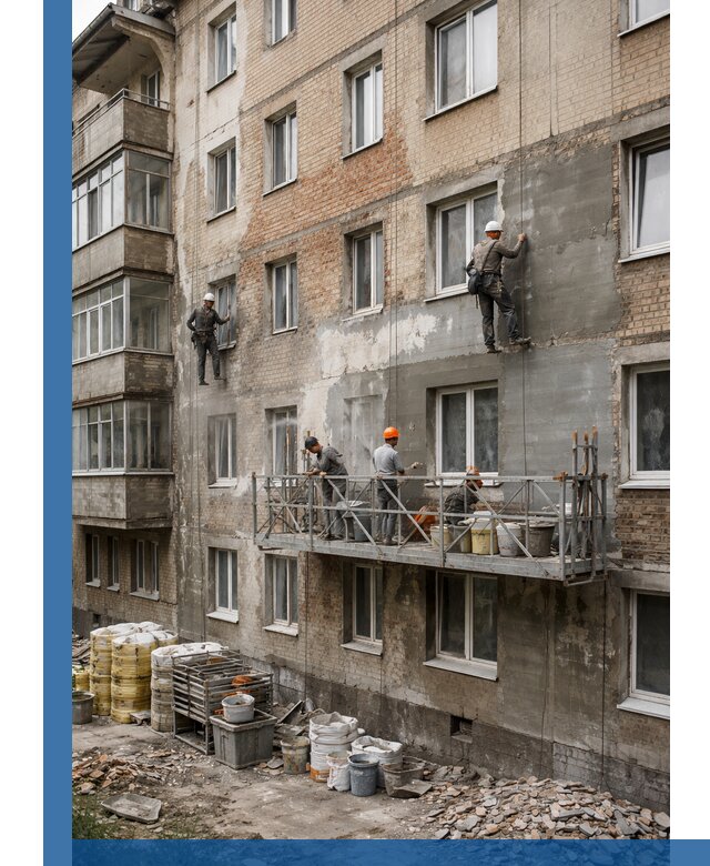 Капитальный ремонт фасада в Орске с восстановлением и гидроизоляцией