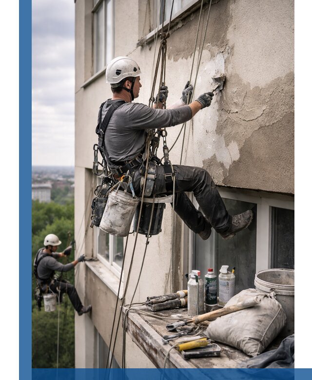 Косметический ремонт фасада зданий в Орске промышленными альпинистами