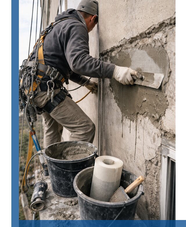 Ремонт бетонных элементов фасада промышленными альпинистами в Орске