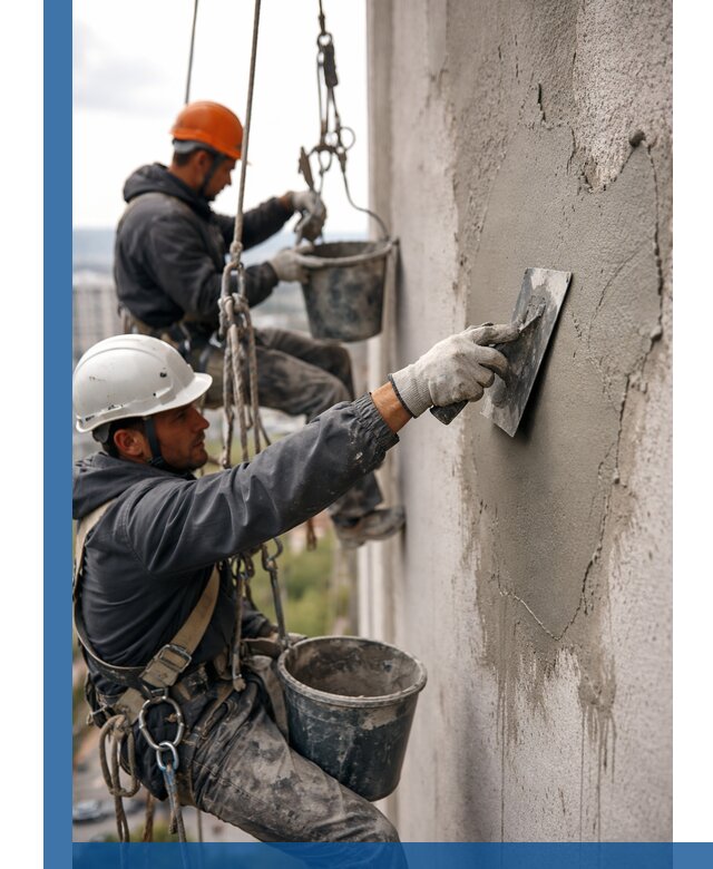 Штукатурка фасада на высоте в Орске профессиональные работы