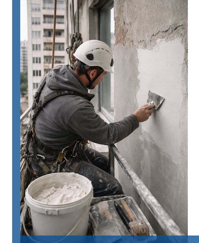 Шпаклевка фасадов на высоте с промальпинистами в Орске