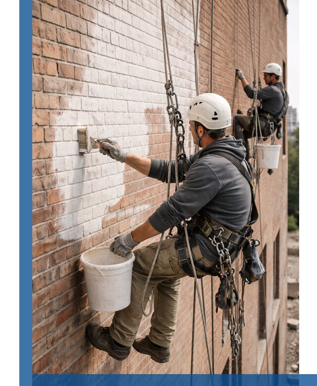 Покраска кирпичного фасада с доступным альпинистским сервисом в Орске