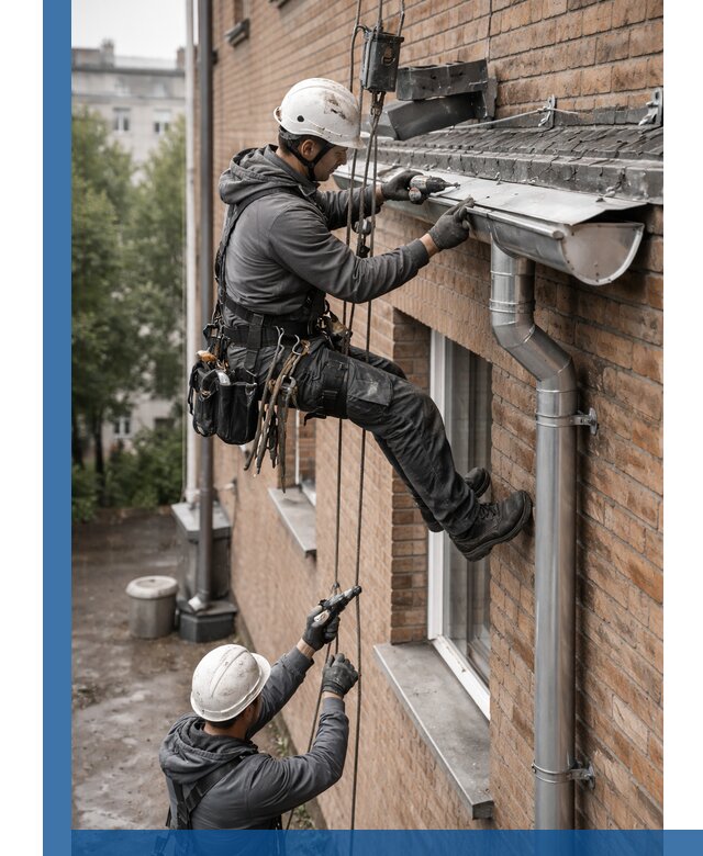 Монтаж водосточной системы на здании в Орске под ключ