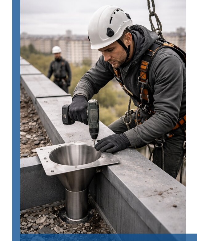 Монтаж водосточных воронок в Орске для промышленных зданий