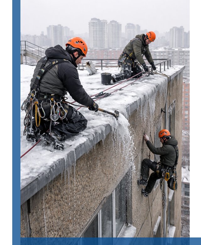 Удаление наледи с кровли в Орске промышленными альпинистами