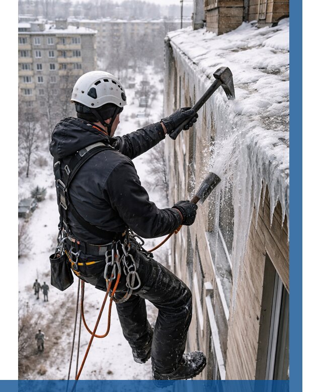 Сбивание сосулек с крыши в Орске по цене от 4653 р. | ВЫСОТНИК-Рск