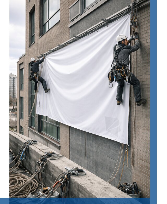 Монтаж баннеров на фасаде в Орске от 672 р. заказать ВЫСОТНИК-Рск