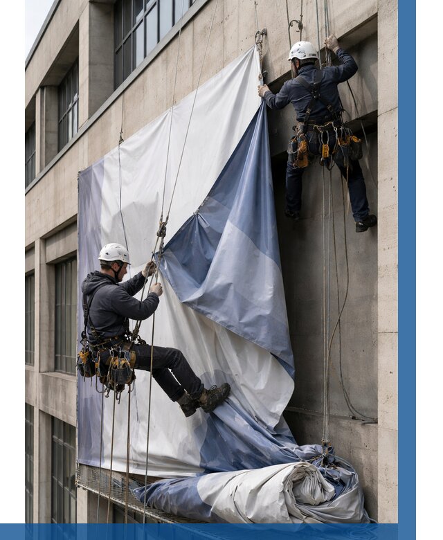 Демонтаж баннеров с фасада в Орске от 4653 р. | ВЫСОТНИК-Рск