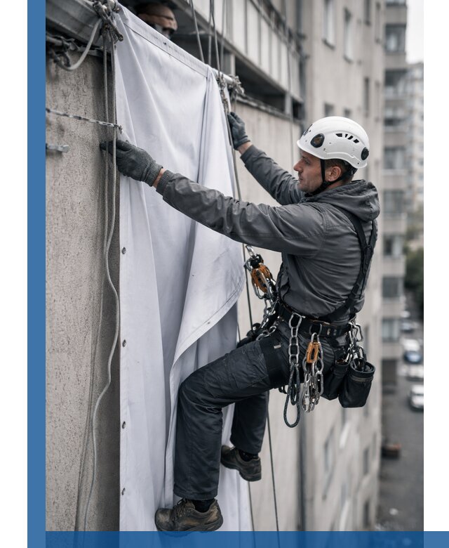 Замена баннерного полотна промышленными альпинистами в Орске