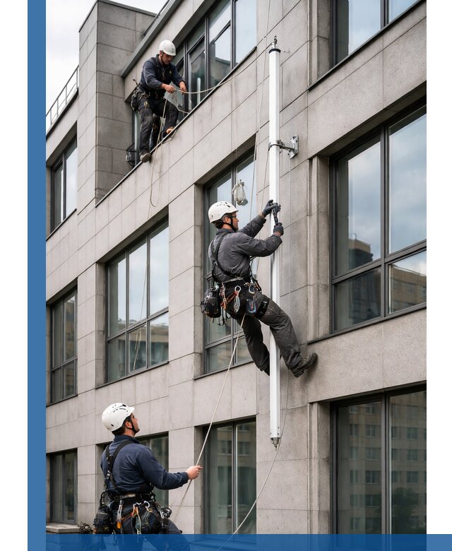 Монтаж флагштока на фасаде здания с креплением и герметикой в Орске