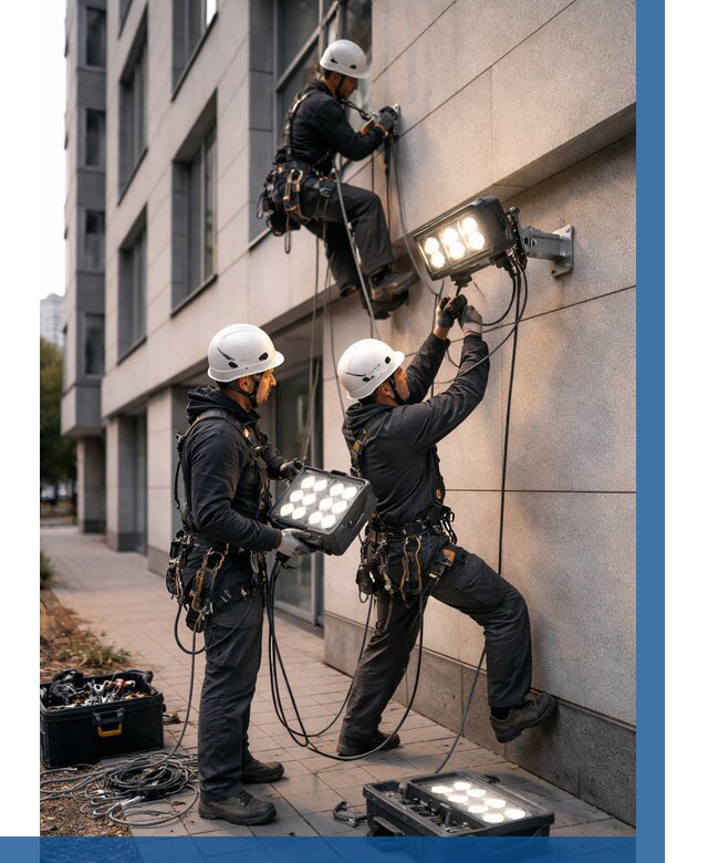 Монтаж прожекторов на фасаде в Орске от 7755 р. | ВЫСОТНИК-Рск