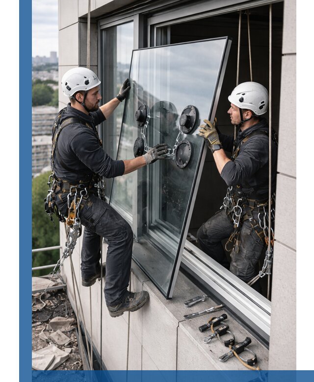 Замена стеклопакетов на высоте с промышленными альпинистами в Орске