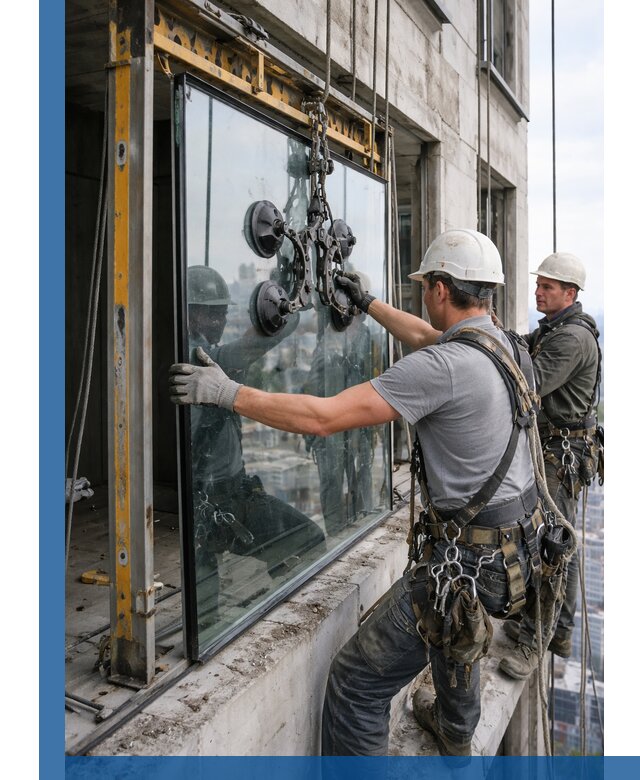 Монтаж стеклопакетов на высоте в Орске с промышленным альпинизмом