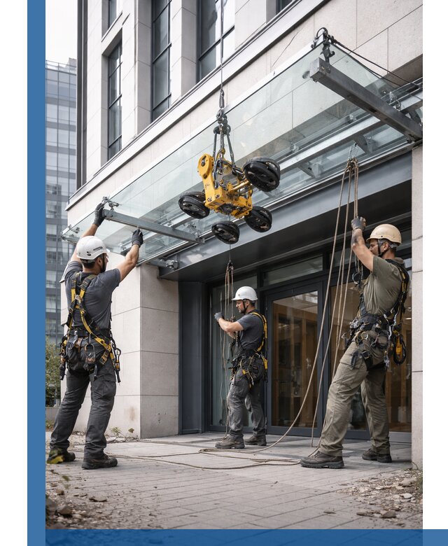 Монтаж стеклянных козырьков под ключ в Орске для зданий