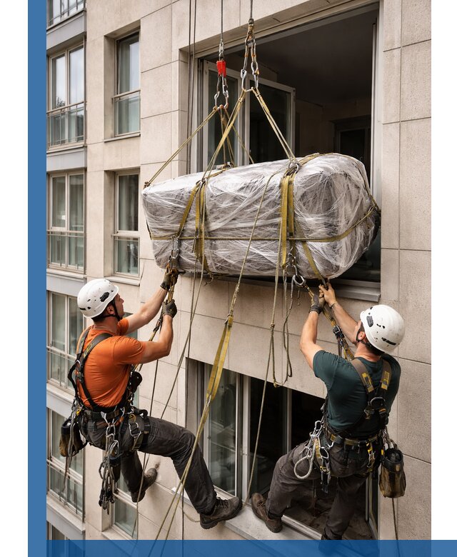 Подъем грузов через окно в Орске промышленными альпинистами