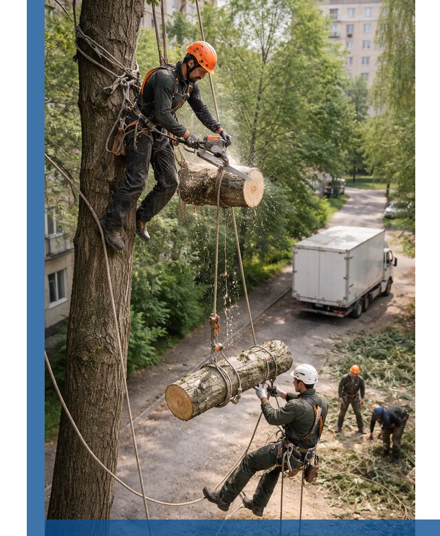 Спил деревьев альпинистами в Орске, безопасно и без повреждений