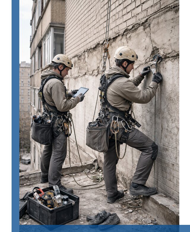 Обследование фасада промышленными альпинистами в Орске